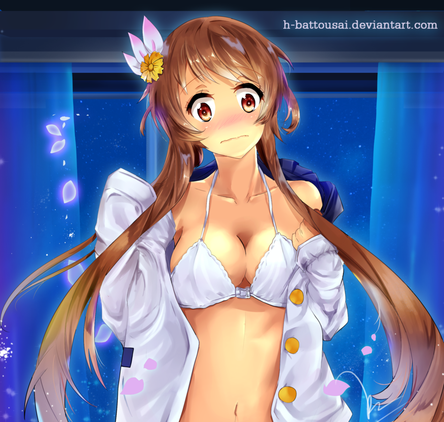 1girl bangs bare_shoulders blush bra breasts brown_hair buttons closed_mouth collarbone curtains eyebrows_visible_through_hair flower gradient_eyes gradient_hair hair_flower hair_ornament hitokiri_battousai indoors large_breasts long_sleeves looking_at_viewer multicolored multicolored_eyes multicolored_hair navel night night_sky nisekoi nose_blush open_clothes open_shirt orange_eyes orange_hair petals red_eyes shirt short_hair_with_long_locks sky sleeves_past_wrists star_(sky) starry_sky tachibana_marika underwear watermark web_address white_bra white_shirt wind window