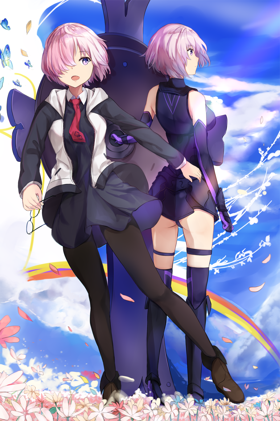 2girls armor black_legwear blush breasts eyebrows_visible_through_hair fate/grand_order fate_(series) glasses glasses_removed high_heels highres holding holding_glasses large_breasts looking_at_viewer looking_away mosta_(lo1777789) multiple_girls necktie pantyhose parted_lips purple_hair red_necktie shielder_(fate/grand_order) short_hair smile violet_eyes