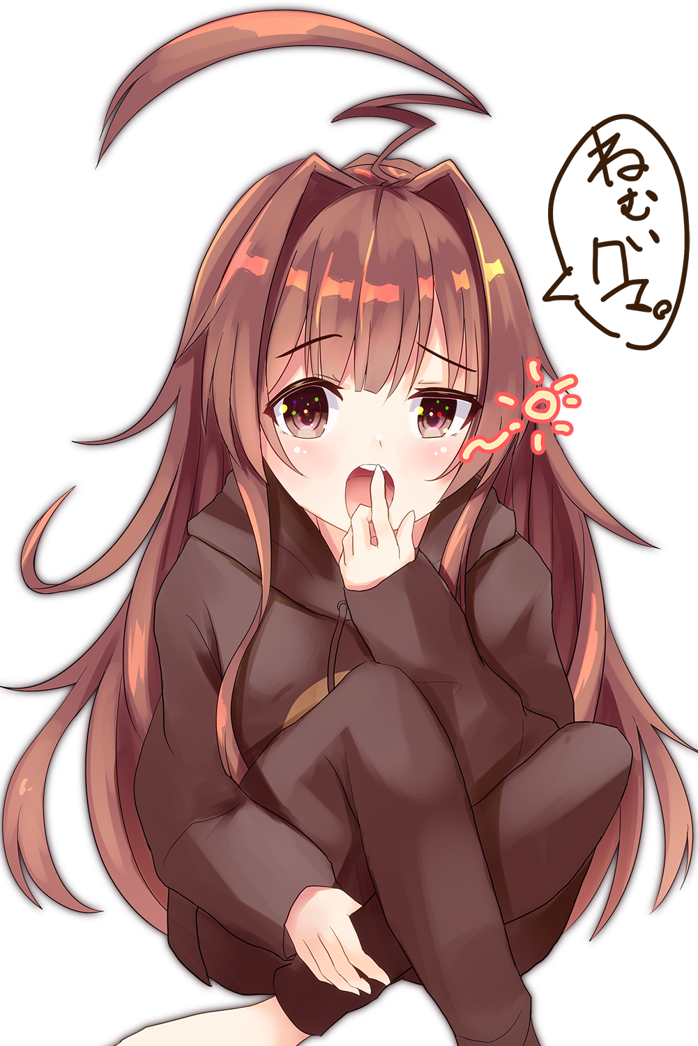 1girl ahoge blush brown_eyes brown_hair eyebrows_visible_through_hair hamalu highres kantai_collection kuma_(kantai_collection) long_hair open_mouth sleeves_past_wrists solo speech_bubble translation_request yawning