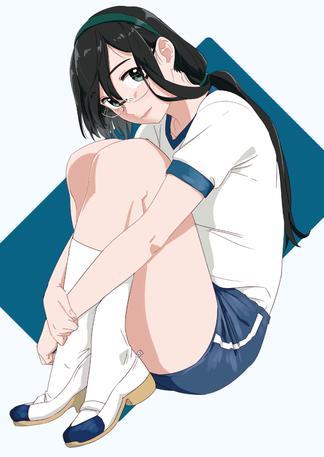 1girl black_hair buruma fetal_position glasses green_eyes gym_uniform hairband kantai_collection leg_hug long_hair looking_at_viewer ojipon ooyodo_(kantai_collection) semi-rimless_glasses shirt shoes short_sleeves simple_background solo under-rim_glasses uwabaki white_background white_shirt white_shoes