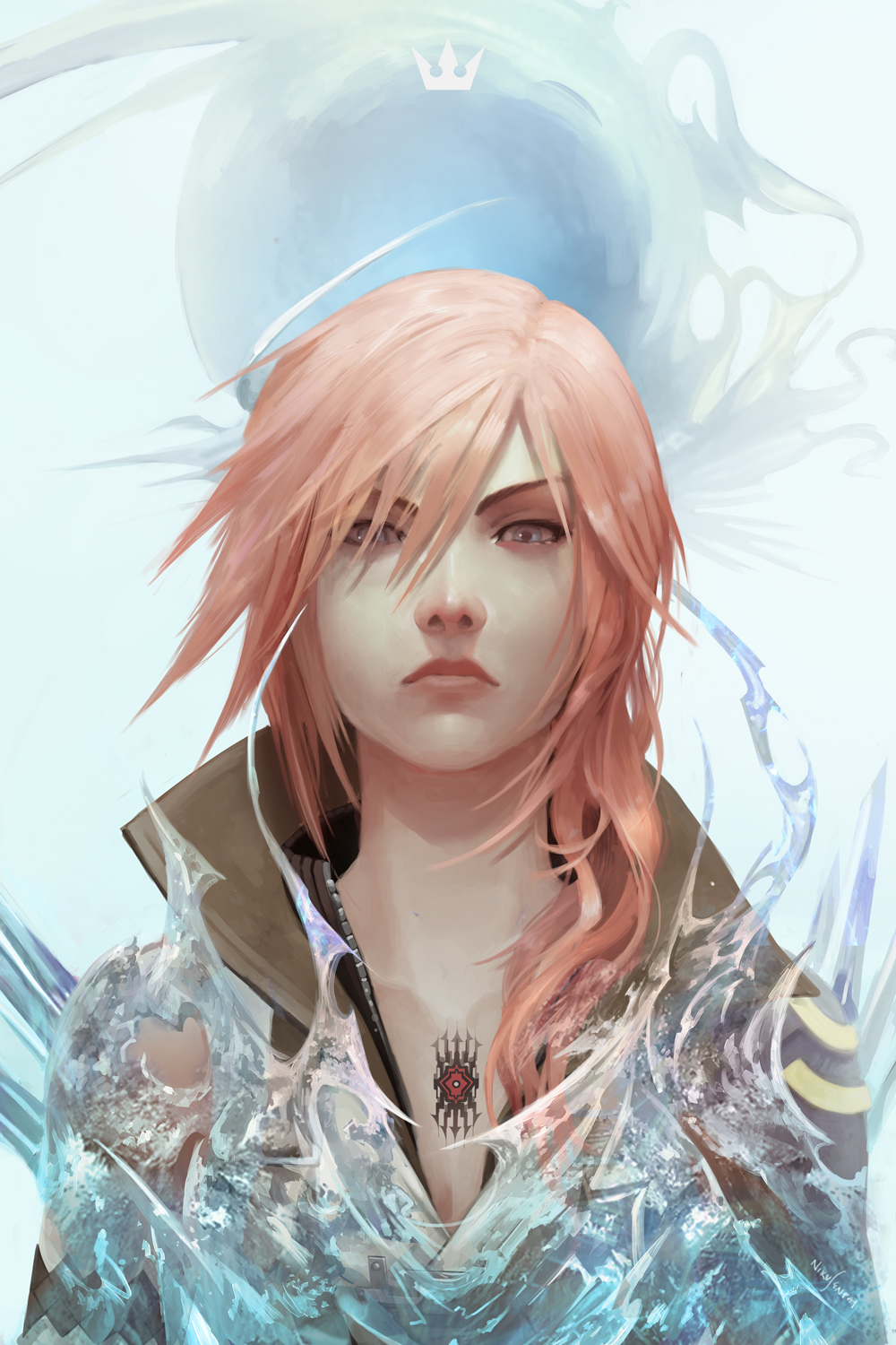 1girl asymmetrical_hair blue_eyes breasts chest_tattoo cleavage collarbone crystal final_fantasy final_fantasy_xiii highres lightning_farron looking_at_viewer nikusenpai pink_hair popped_collar serious solo tattoo
