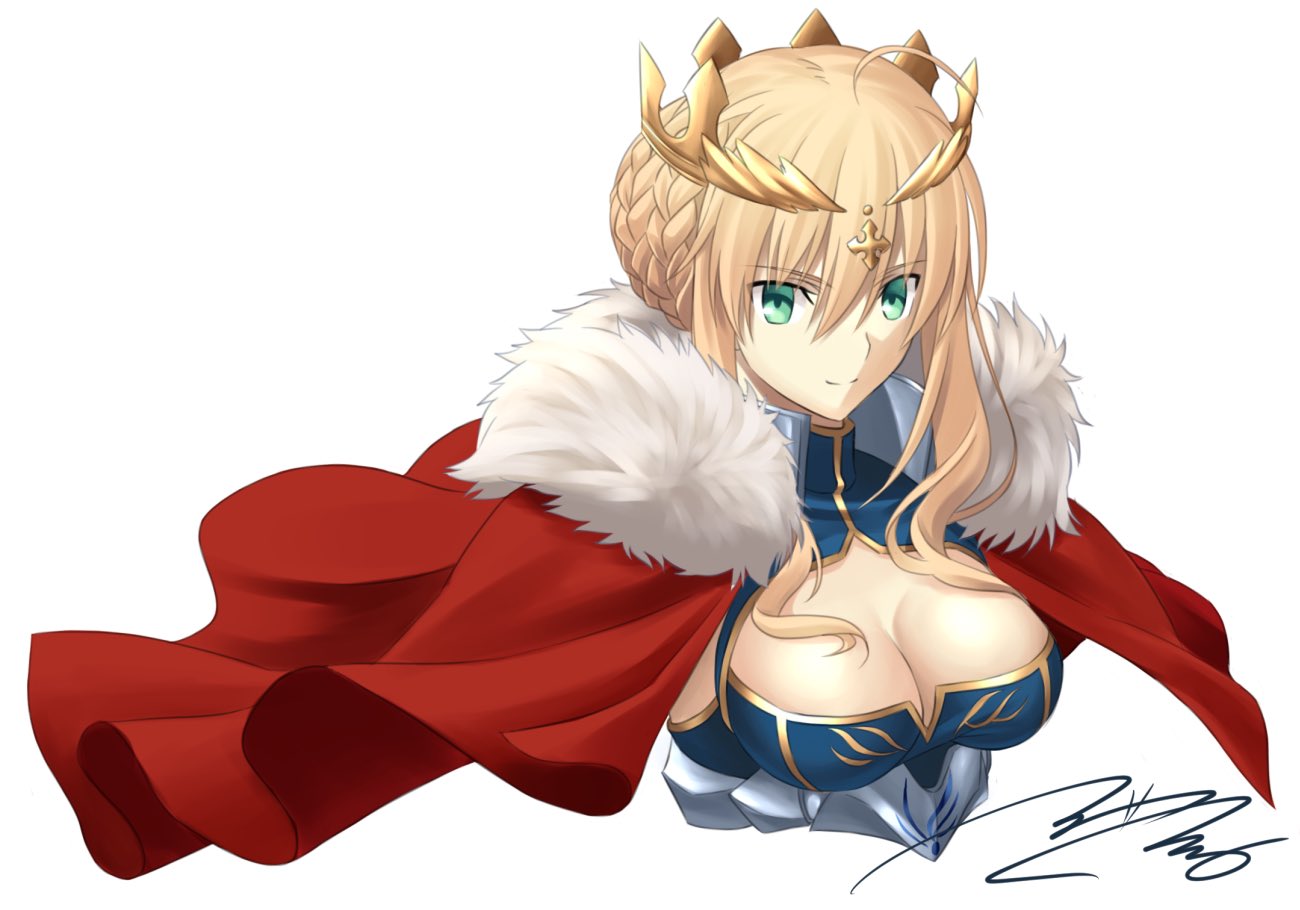 1girl ahoge armor armored_dress artoria_pendragon_(all) blonde_hair braid breasts capelet cleavage crown fate_(series) fumika_asano green_eyes hair_between_eyes medium_breasts saber short_hair_with_long_locks sidelocks simple_background solo upper_body white_background