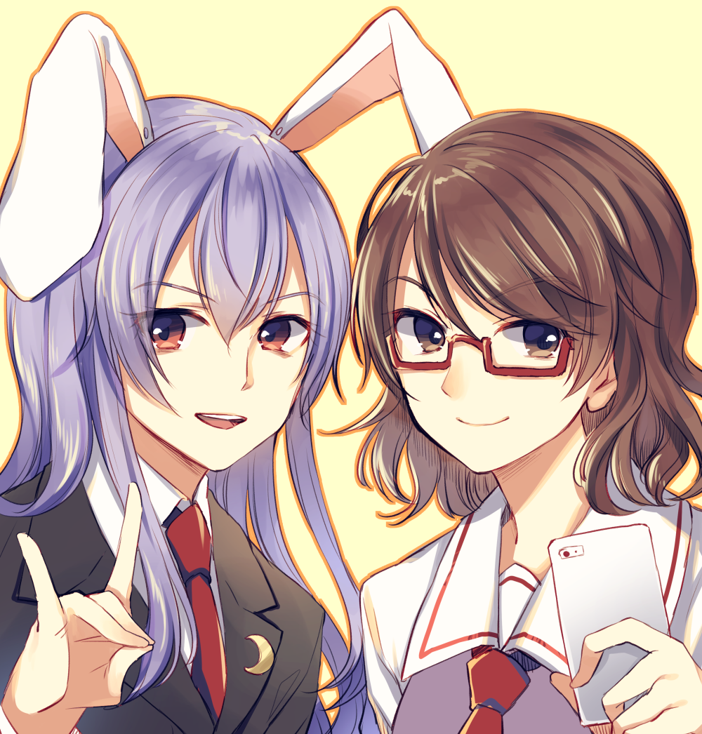 2girls animal_ears brown_eyes brown_hair cellphone crescent crescent_moon_pin fox_shadow_puppet glasses kaede_(mmkeyy) lavender_hair long_hair long_sleeves looking_at_viewer multiple_girls necktie open_mouth outline phone rabbit_ears red-framed_eyewear red_eyes red_necktie reisen_udongein_inaba school_uniform semi-rimless_glasses short_hair simple_background smartphone smile suit_jacket touhou under-rim_glasses upper_body usami_sumireko yellow_background