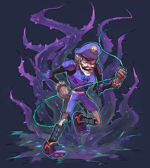 1boy atsuko_(pixiv2232917) brown_gloves brown_hair cleats facial_hair gloves hat male_focus super_mario_bros. mario_strikers_charged mustache open_mouth purple_hat purple_shorts shorts solo standing standing_on_one_leg teeth thorns tongue tongue_out waluigi