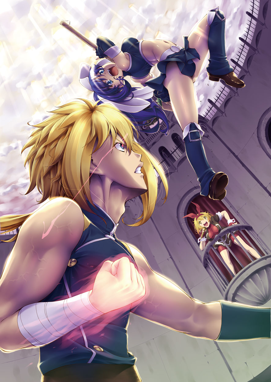 1boy 2girls action arched_back arena bare_shoulders battle blonde_hair blue_eyes blue_hair bouncing_breasts breasts bunny_(quiz_magic_academy) bustier clenched_hand clenched_teeth clouds fighting_stance hairband highres jon_shicchiou jumping long_hair medium_breasts microphone midriff miniskirt multiple_girls open_mouth ponytail quiz_magic_academy rick_(quiz_magic_academy) skirt sky teeth thigh-highs veins yuri_(quiz_magic_academy)