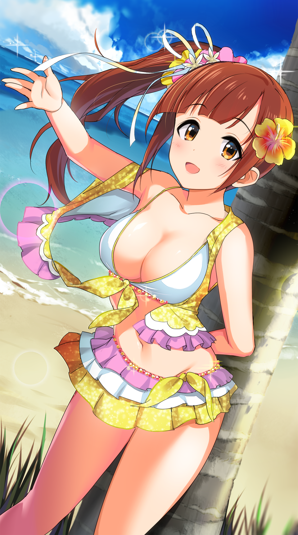 1girl beach blush breasts brown_eyes brown_hair cleavage collarbone eyebrows_visible_through_hair flower hair_flower hair_ornament highres idolmaster idolmaster_cinderella_girls igarashi_kyouko large_breasts long_hair looking_at_viewer natsuya navel open_mouth side_ponytail smile solo swimsuit