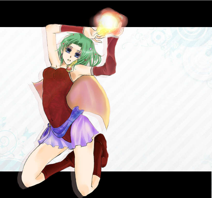 1girl bad_id bad_pixiv_id breasts final_fantasy final_fantasy_vi full_body green_hair leotard long_hair looking_at_viewer magic open_mouth red_leotard solo tina_branford