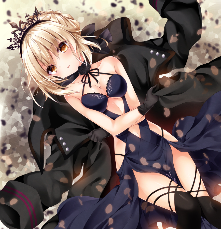 1girl artoria_pendragon_(swimsuit_rider_alter)_(fate) bare_shoulders bikini blonde_hair blush breasts cleavage fate/grand_order fate_(series) gloves hair_braid jacket looking_at_viewer navel navel_cutout nogi_takayoshi open_mouth skirt solo swimsuit thigh-highs tiara yellow_eyes