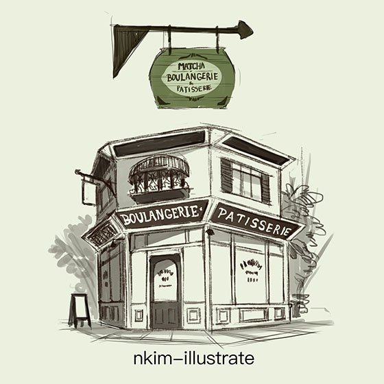 architecture artist_name bakery door french greyscale limited_palette monochrome nadia_kim no_humans original shop sign simple_background sketch spot_color tree