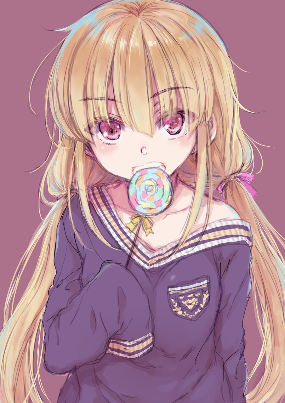 1girl blonde_hair candy clenched_teeth collarbone commentary eyebrows_visible_through_hair eyes_visible_through_hair food futaba_anzu hair_between_eyes hair_ribbon highres idolmaster idolmaster_cinderella_girls lollipop long_hair looking_at_viewer low_twintails nanatsugumi oversized_clothes red_eyes ribbon simple_background sketch sleeves_past_wrists solo swirl_lollipop teeth twintails upper_body