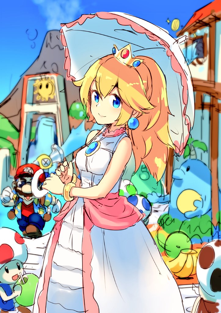 1boy 1girl bare_shoulders blonde_hair blue_eyes blue_sky bracelet brown_hair brown_shoes coconut crown day dress drinking_straw earrings f.l.u.d.d. facial_hair hat hiraga_matsuri jewelry looking_at_viewer mario super_mario_bros. mustache outdoors over_shoulder parasol princess_peach shoes sky smile sunglasses super_mario_bros. super_mario_sunshine toad umbrella white_dress