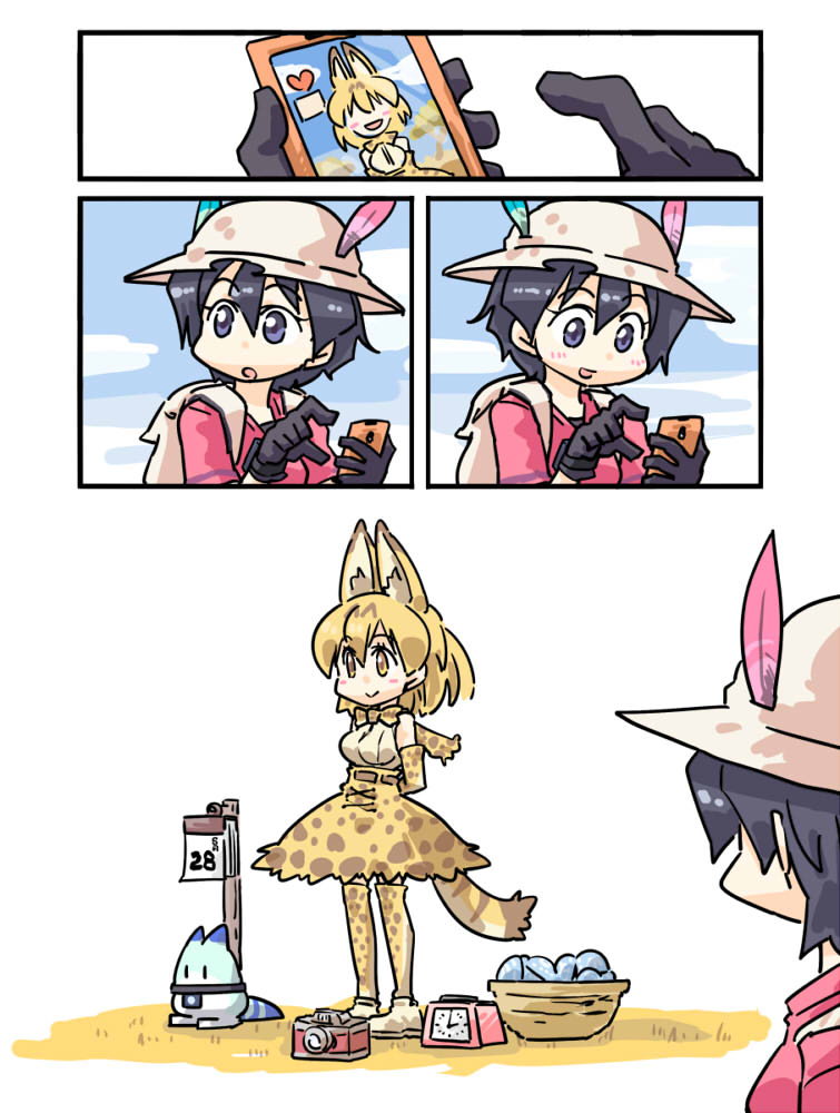 animal_ears backpack bag basket bow bowtie bucket_hat calendar_(object) camera cellphone clock cross-laced_clothes elbow_gloves gloves hat hat_feather high-waist_skirt kaban_(kemono_friends) kemono_friends lucky_beast_(kemono_friends) phone red_shirt seki_(red_shine) serval_(kemono_friends) serval_ears serval_print serval_tail shirt skirt sleeveless sleeveless_shirt smartphone striped_tail tail