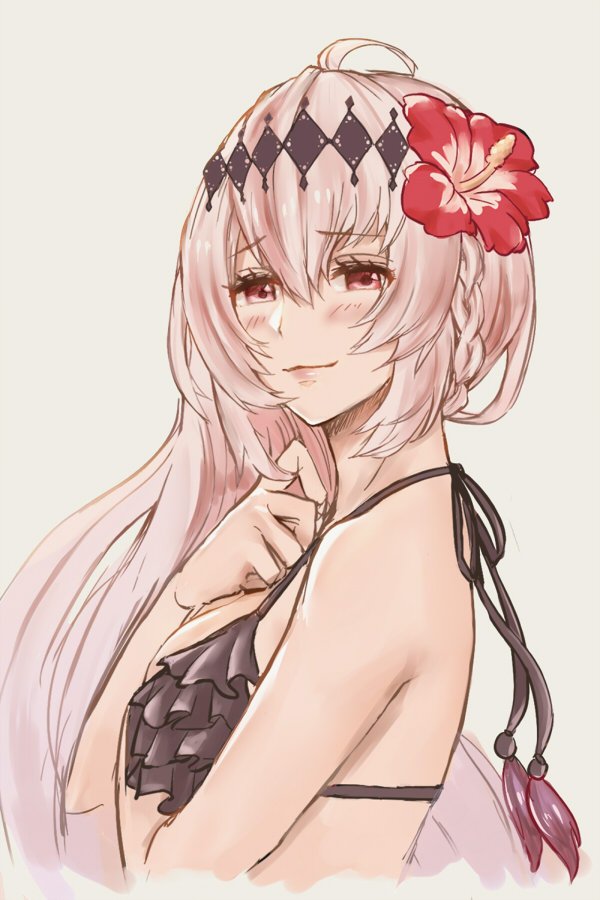 1girl bikini blush braid breasts chabo213 dark_jeanne flower frilled_bikini frills granblue_fantasy hair_flower hair_ornament long_hair looking_at_viewer red_eyes smile solo swimsuit white_hair