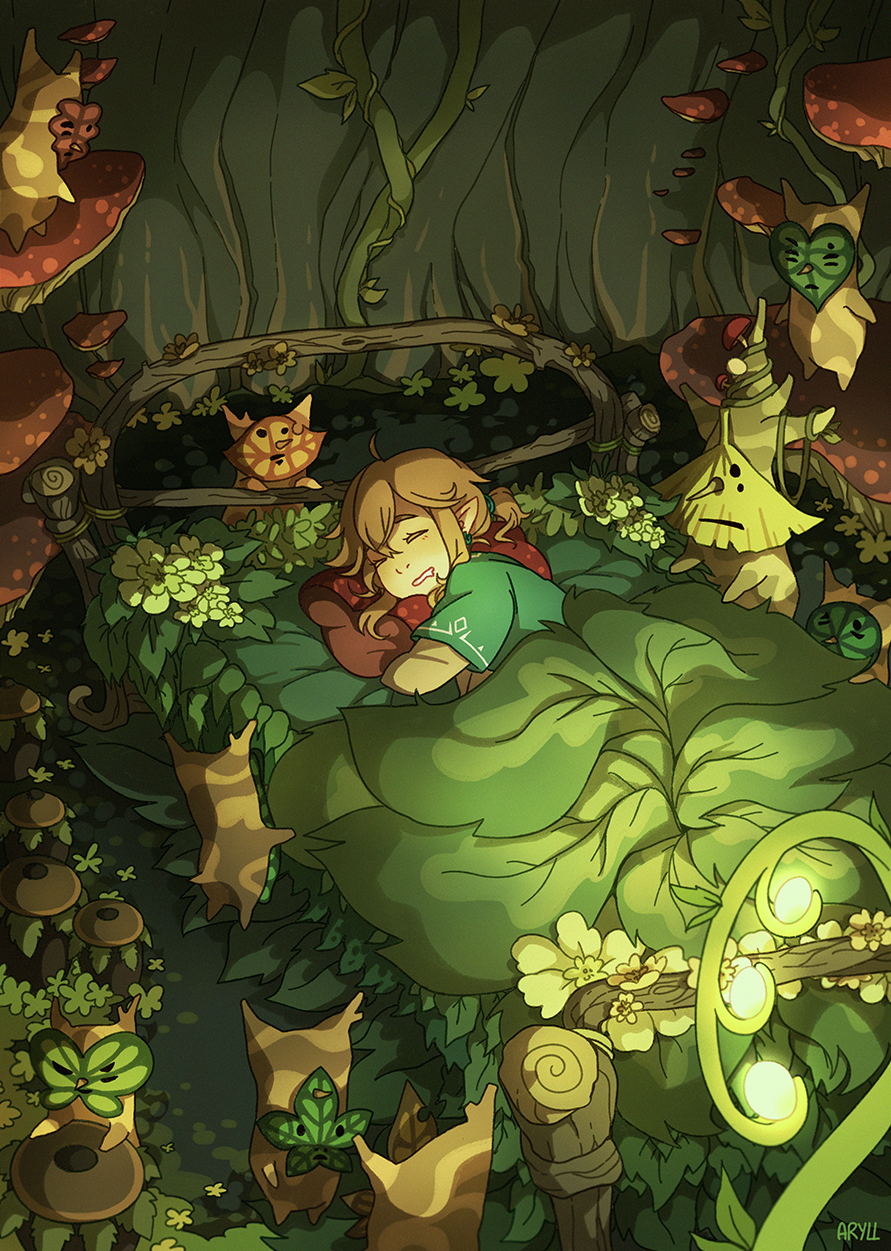 1boy artist_name aryll_(marbles) bed blonde_hair closed_eyes drooling earrings highres indoors jewelry korok leaf link lying mushroom on_side pillow pillow_hug pointy_ears short_ponytail short_sleeves sleeping the_legend_of_zelda the_legend_of_zelda:_breath_of_the_wild