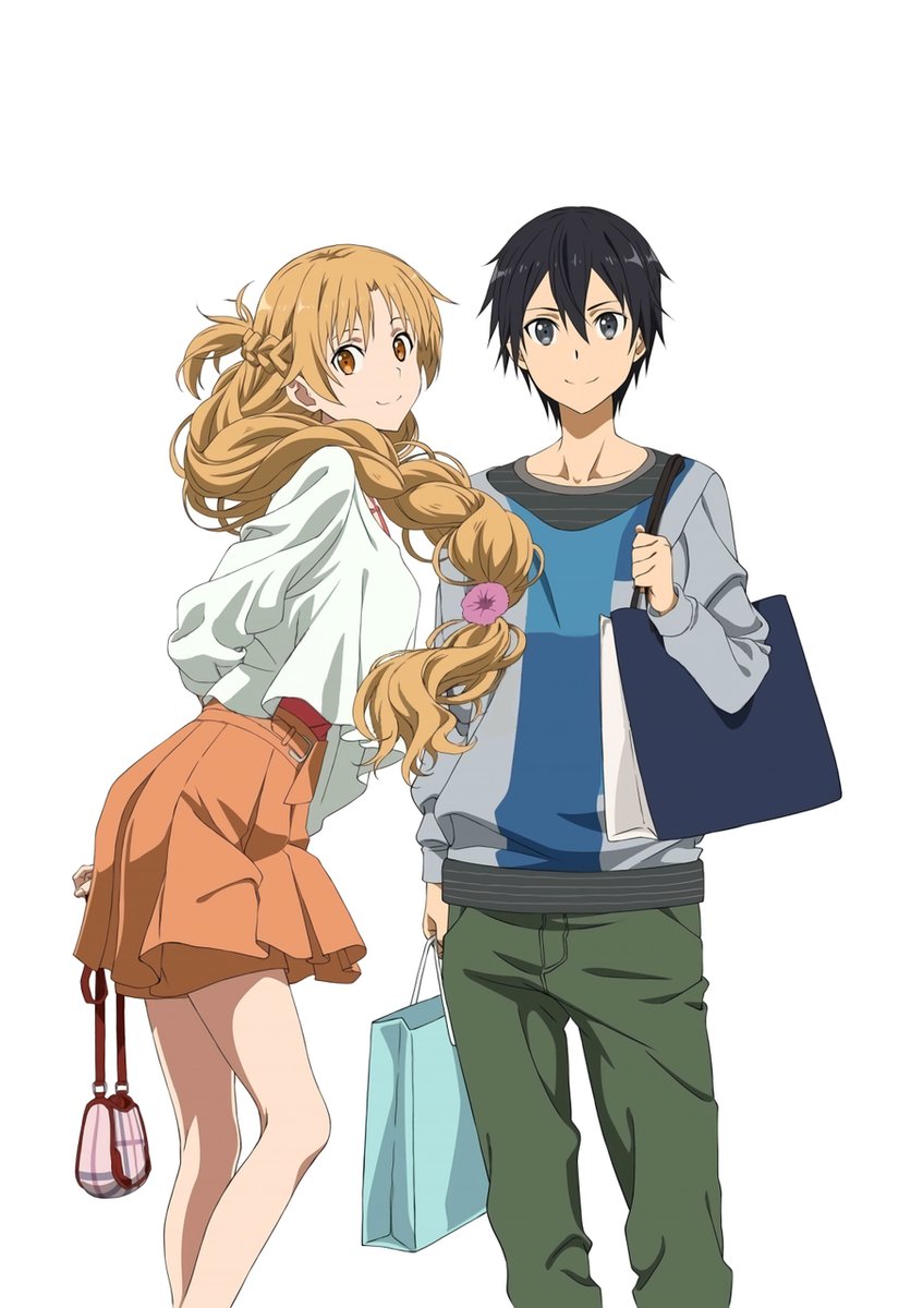 1boy 1girl arms_behind_back asuna_(sao) black_eyes black_hair braid brown_eyes brown_hair collarbone green_pants hair_between_eyes highres kirito leaning_forward long_hair looking_at_viewer orange_skirt pants pleated_skirt shirt simple_background single_braid skirt smile standing sword_art_online very_long_hair white_background white_shirt