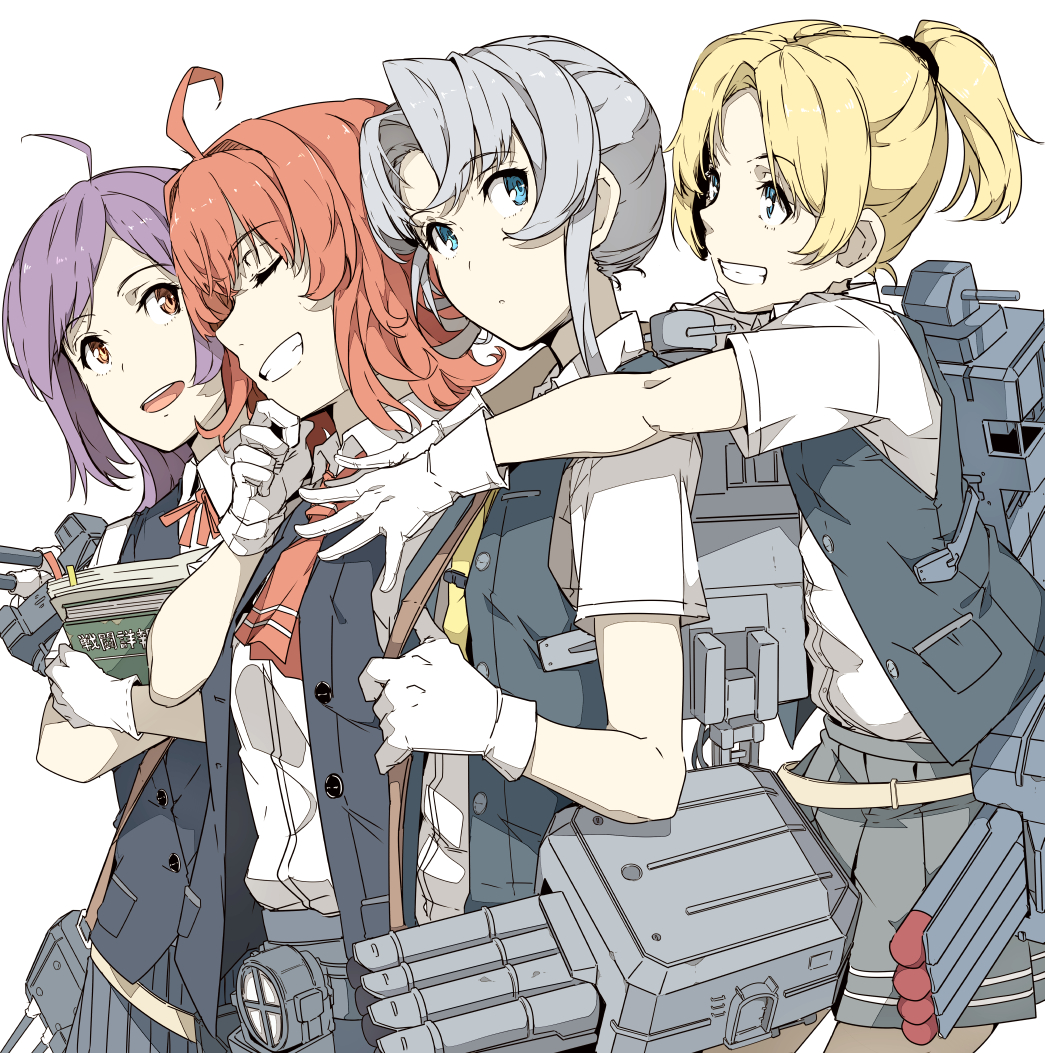 4girls ahoge arashi_(kantai_collection) blonde_hair blue_eyes book cannon check_commentary closed_eyes commentary_request gloves green_hair grin hagikaze_(kantai_collection) hug hug_from_behind kantai_collection maikaze_(kantai_collection) multiple_girls neck_ribbon neckerchief ninimo_nimo nowaki_(kantai_collection) open_mouth pleated_skirt purple_hair red_eyes redhead ribbon rigging school_uniform searchlight short_hair short_ponytail simple_background skirt smile torpedo_tubes vest white_background white_gloves