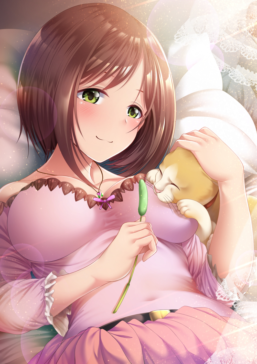 1girl bed belt blush breasts brown_hair cat commentary_request garana green_eyes highres idolmaster idolmaster_cinderella_girls jewelry large_breasts lens_flare lying maekawa_miku necklace on_back short_hair smile solo toy