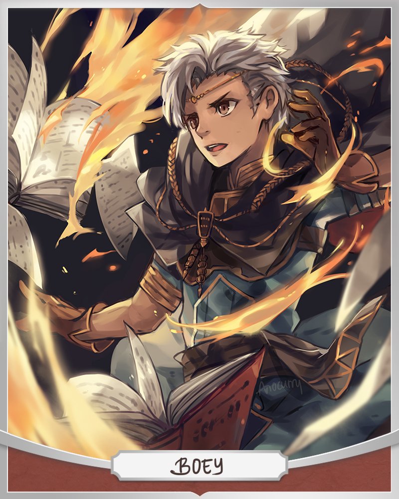 1boy anocurry artist_name boey_(fire_emblem) book brown_eyes cape character_name circlet dark_skin fire fire_emblem fire_emblem_echoes:_mou_hitori_no_eiyuuou gloves male_focus open_mouth solo teeth upper_body white_hair