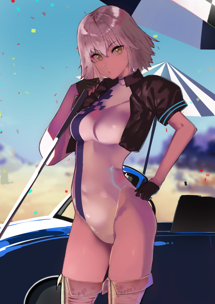 1girl bangs black_gloves black_jacket blurry boots breasts car confetti cowboy_shot cropped_jacket day depth_of_field eyebrows_visible_through_hair fate/grand_order fate_(series) gloves green_eyes grey_hair ground_vehicle hair_between_eyes half_gloves hand_on_hip hareno_chiame jacket jeanne_alter leotard looking_at_viewer medium_breasts motor_vehicle outdoors pursed_lips racequeen ruler_(fate/apocrypha) shelby_cobra silver_hair solo thigh-highs thigh_boots thighs umbrella white_leotard