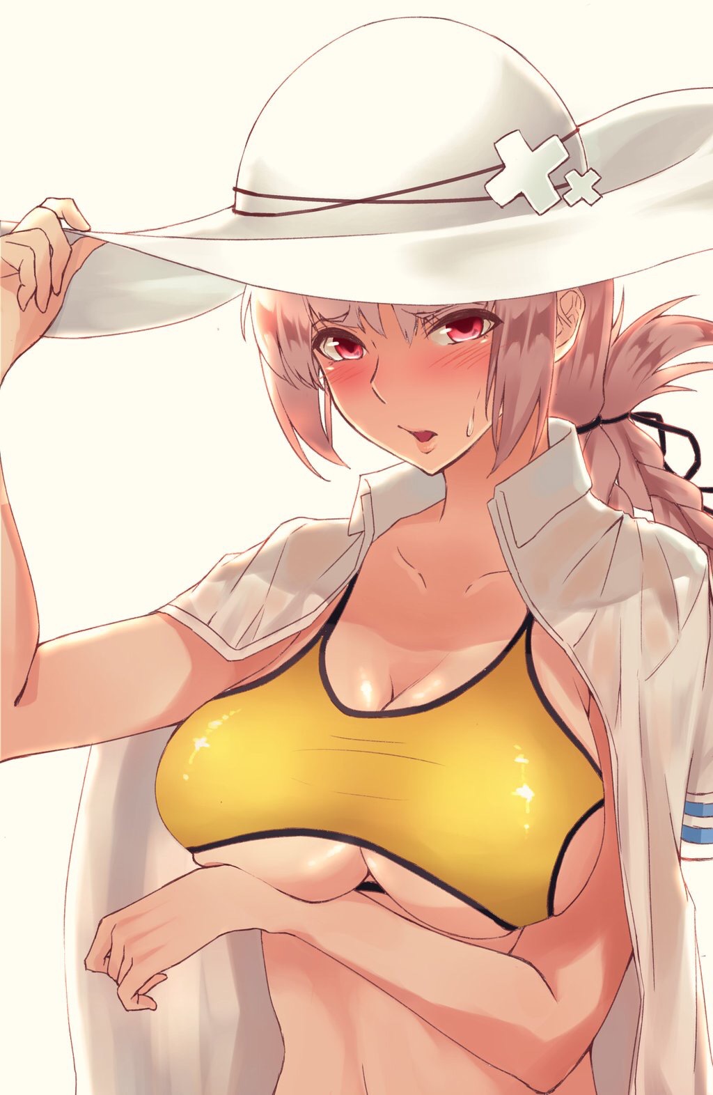 1girl bikini blush breasts collarbone fate/grand_order fate_(series) florence_nightingale_(fate/grand_order) grey_hair hat highres large_breasts makitoshi0316 open_mouth ponytail red_eyes shirt_on_shoulders solo sun_hat sweat swimsuit under_boob white_background