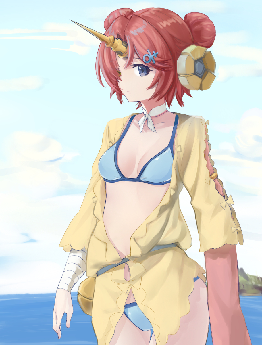 1girl :/ bandage bandaged_arm bikini blue_bikini blue_eyes breasts breasts_apart closed_mouth clouds collarbone day double_bun fate/grand_order fate_(series) frankenstein's_monster_(swimsuit_saber)_(fate) hair_ornament hair_over_one_eye highres horn looking_at_viewer medium_breasts outdoors papipana pink_hair profile sky solo swimsuit water