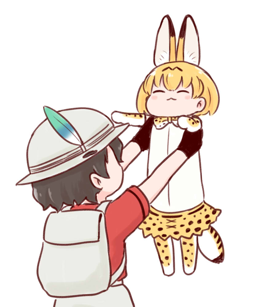 2girls :3 animal_ears backpack bag batta_(ijigen_debris) black_hair blonde_hair blush carrying closed_eyes commentary gloves hat hat_feather holding_up kaban_(kemono_friends) kemono_friends longcat meme multiple_girls serval_(kemono_friends) serval_ears serval_print serval_tail short_hair simple_background tail thigh-highs white_background