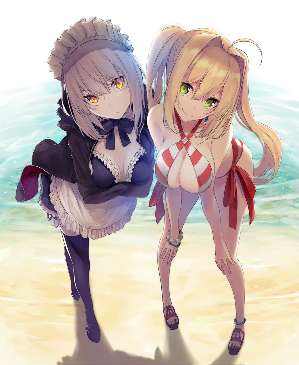 2girls ahoge anklet apron artoria_pendragon_(all) artoria_pendragon_(swimsuit_rider_alter)_(fate) bangs beach bikini bikini_under_clothes black_jacket black_legwear blonde_hair bow bowtie bracelet breasts cleavage criss-cross_halter crossed_arms day eyebrows_visible_through_hair fate/grand_order fate_(series) green_eyes hair_between_eyes hair_intakes halterneck hands_on_own_knees head_tilt jacket jewelry large_breasts leaning_forward long_hair looking_at_viewer maid_bikini maid_headdress medium_breasts multiple_girls nero_claudius_(swimsuit_caster)_(fate) ocean outdoors saber_alter saber_extra sandals shadow shoes short_hair side-by-side side-tie_bikini smile striped striped_bikini swimsuit thigh-highs twintails water yellow_eyes yuunagi_(seventh_heaven)