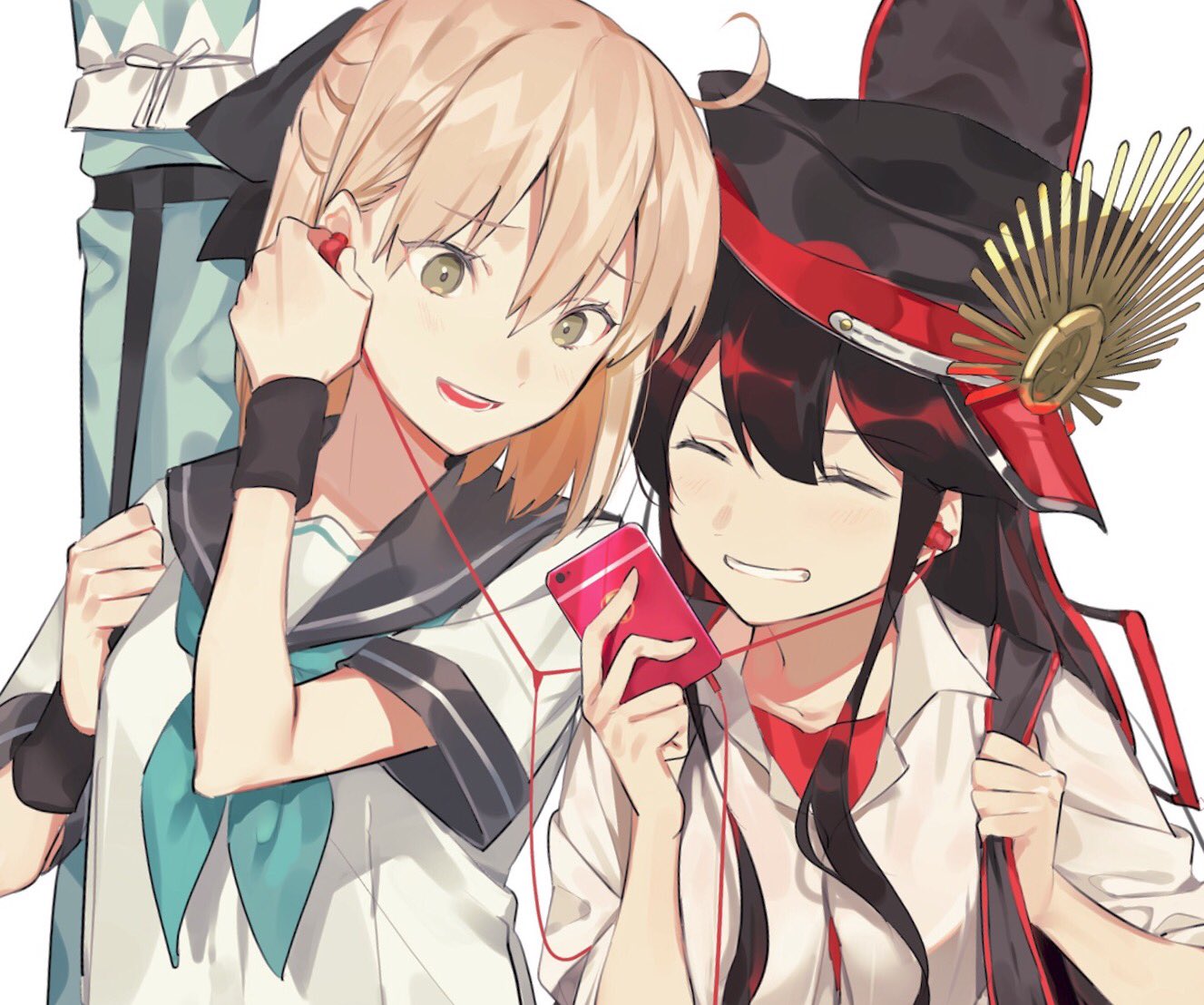 2girls ^_^ ahoge alternate_costume arm_up bangs black_hair blonde_hair blue_neckerchief bow closed_eyes collared_shirt demon_archer digital_media_player dress_shirt earphones eyebrows_visible_through_hair fate_(series) grin hair_between_eyes hair_bow hand_up hat ipod koha-ace listening_to_music long_hair military_hat multiple_girls neckerchief open_mouth peaked_cap red_shirt sakura_saber school_uniform serafuku shirt short_sleeves smile t-shirt weapon_bag white_shirt wristband ya_4004