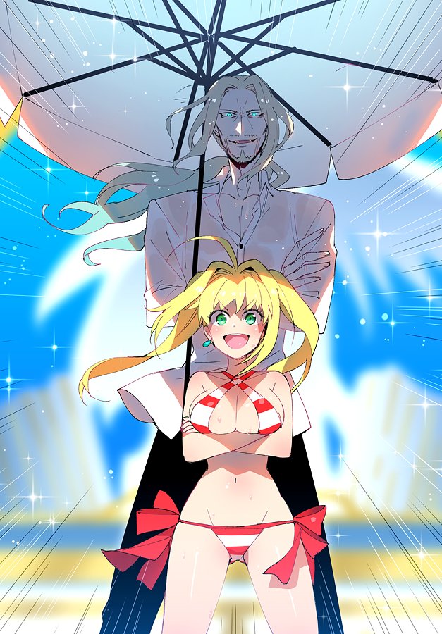1boy 1girl ahoge beach_umbrella bikini blonde_hair breasts crossed_arms day earrings facial_hair fate/grand_order fate_(series) glowing glowing_eyes goatee green_eyes groin hair_intakes halterneck jewelry koshiro_itsuki lancer_of_black large_breasts looking_at_viewer navel nero_claudius_(swimsuit_caster)_(fate) open_mouth ponytail side-tie_bikini striped striped_bikini swimsuit twintails umbrella