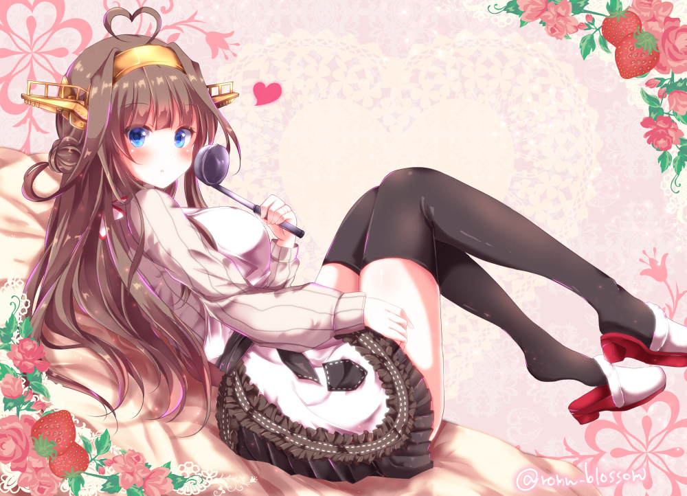 1girl ahoge black_legwear blue_eyes blush breasts brown_hair eyebrows_visible_through_hair hairband heart kantai_collection kongou_(kantai_collection) ladle large_breasts long_hair looking_at_viewer nanoha-h parted_lips ribbed_sweater solo sweater thigh-highs twitter_username