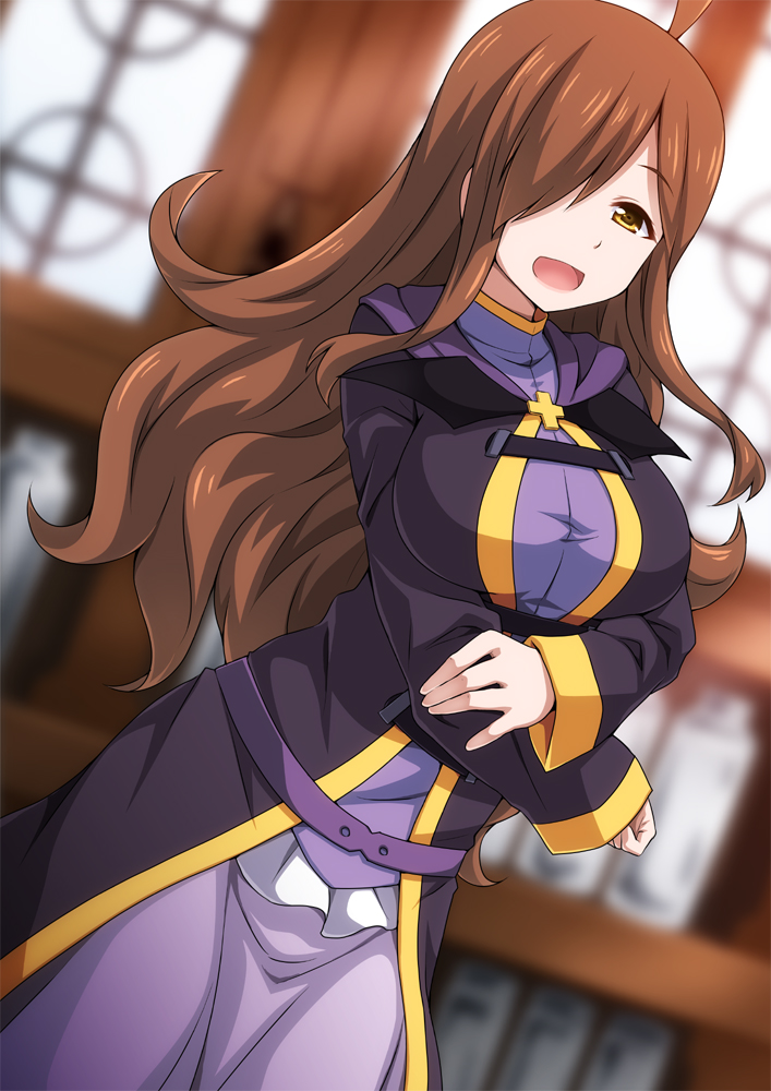 1girl :d ahoge breasts brown_hair dress dutch_angle floating_hair gotou_jin hair_over_one_eye indoors kono_subarashii_sekai_ni_shukufuku_wo! large_breasts long_hair looking_at_viewer open_mouth purple_dress smile solo very_long_hair wiz_(konosuba) yellow_eyes