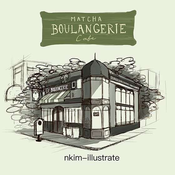 architecture artist_name bakery french greyscale limited_palette monochrome nadia_kim no_humans original shop sketch spot_color tree