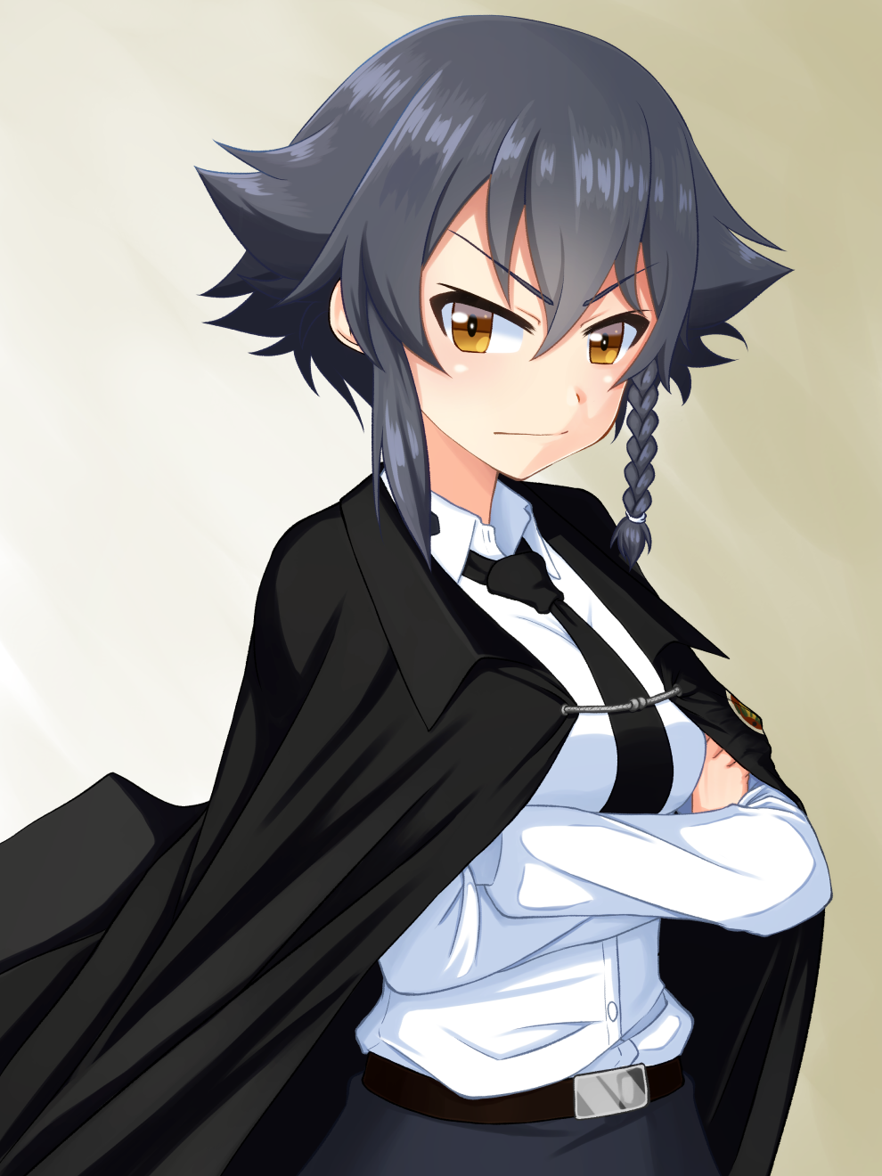 &gt;:| 1girl anchovy anchovy_(cosplay) bangs belt black_belt black_cape black_hair black_skirt braid brown_eyes cape closed_mouth commentary_request cosplay dress_shirt emblem eyebrows_visible_through_hair girls_und_panzer highres long_sleeves looking_at_viewer pepperoni_(girls_und_panzer) ruka_(piyopiyopu) shirt short_hair side_braid skirt solo standing upper_body white_shirt