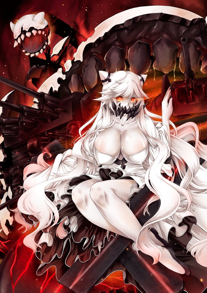 1girl bangs black_shoes breasts cleavage collarbone covered_mouth dress full_body glowing glowing_eyes horns huge_breasts kantai_collection long_hair long_sleeves looking_at_viewer midway_hime monster pale_skin red_eyes shinkaisei-kan shoes sitting solo teeth thorns tsukineko turret very_long_hair white_dress white_hair