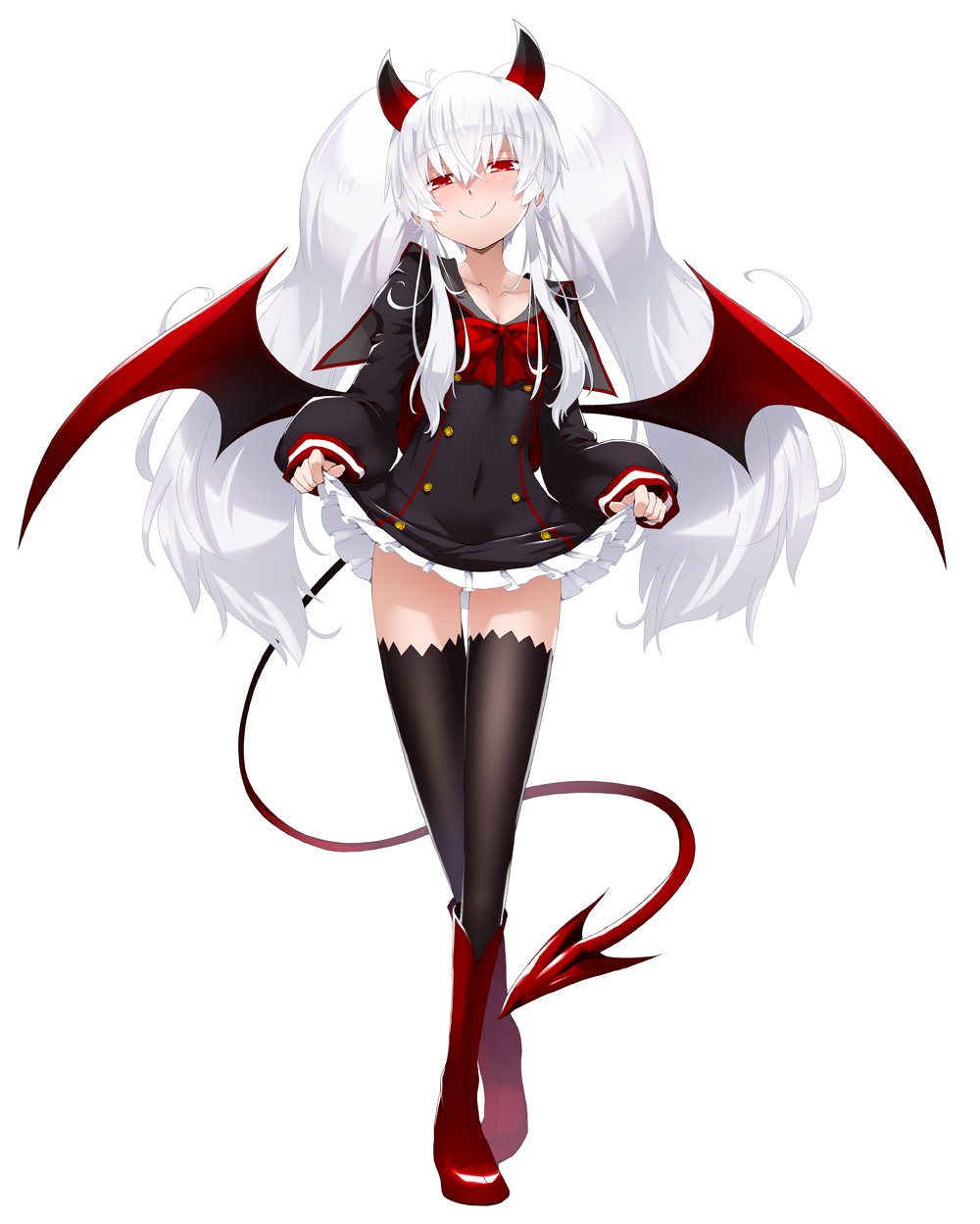 1girl bangs big_hair black_legwear blush boots bow breasts cleavage collarbone covered_navel demon_girl demon_horns demon_tail demon_wings evo_grim full_body gluteal_fold grim_aloe hair_between_eyes highres horns lifted_by_self long_hair long_sleeves looking_at_viewer low_wings miniskirt official_art pleated_skirt quiz_magic_academy red_boots red_eyes red_wings sailor_collar skirt skirt_lift smile standing tail thigh-highs twintails very_long_hair white_background white_hair wings