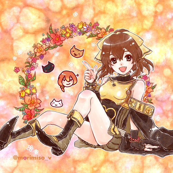 1boy 1girl animal_ears artist_name bare_shoulders blonde_hair boots bow bracelet breastplate brother_and_sister brown_eyes brown_hair cape cat cat_ears chibi dyute_(fire_emblem) fang fire_emblem fire_emblem_echoes:_mou_hitori_no_eiyuuou flower insarability jewelry leaf long_hair low_ponytail luthier_(fire_emblem) open_mouth orange_hair ponytail siblings sitting sparkle