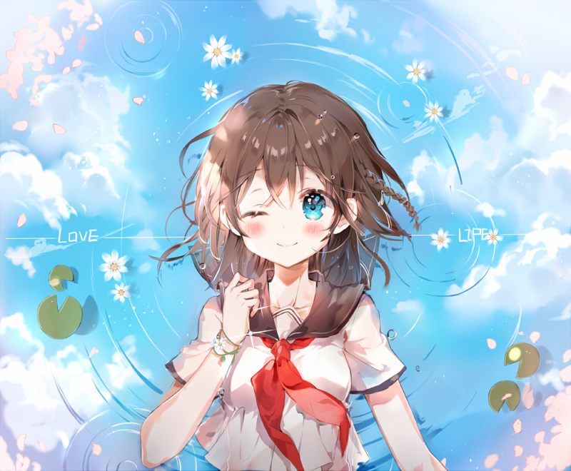 1girl b_rock blue_eyes blush breasts brown_hair closed_mouth collarbone eyebrows_visible_through_hair large_breasts lily_pad long_hair looking_at_viewer lying neckerchief on_back one_eye_closed original red_neckerchief smile solo water