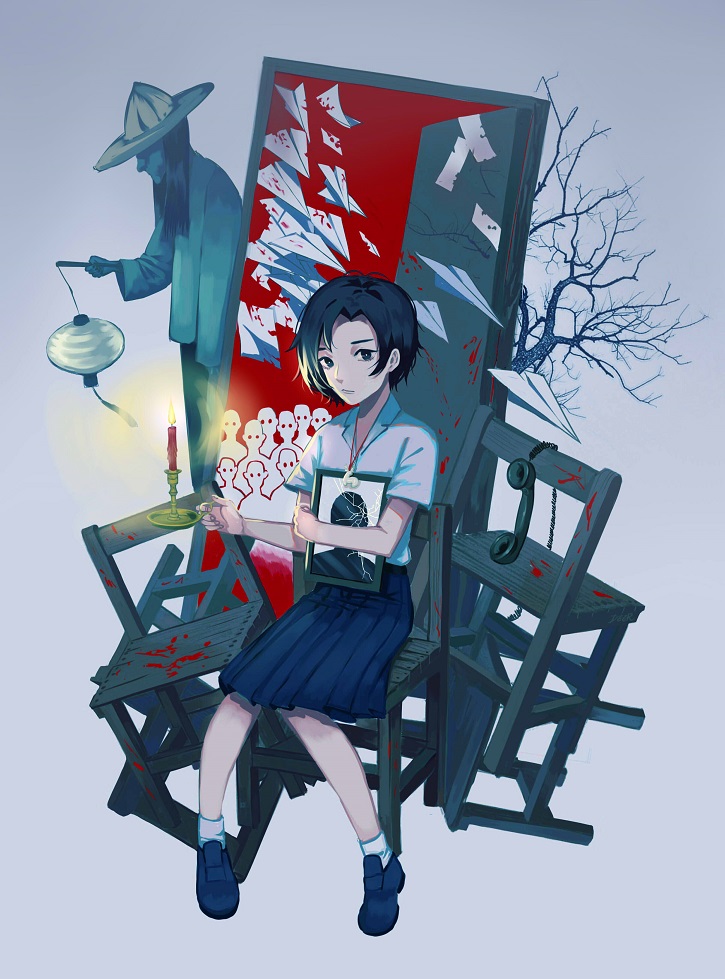 1girl bare_tree black_eyes black_hair black_shoes blood candle cracked_glass deer_(deer423-81) detention fang_ray_shin holding_candle jewelry lantern lantern_ghost looking_at_viewer necklace open_door paper_airplane phone picture_(object) school_uniform shoes sitting sketch tree wooden_chair