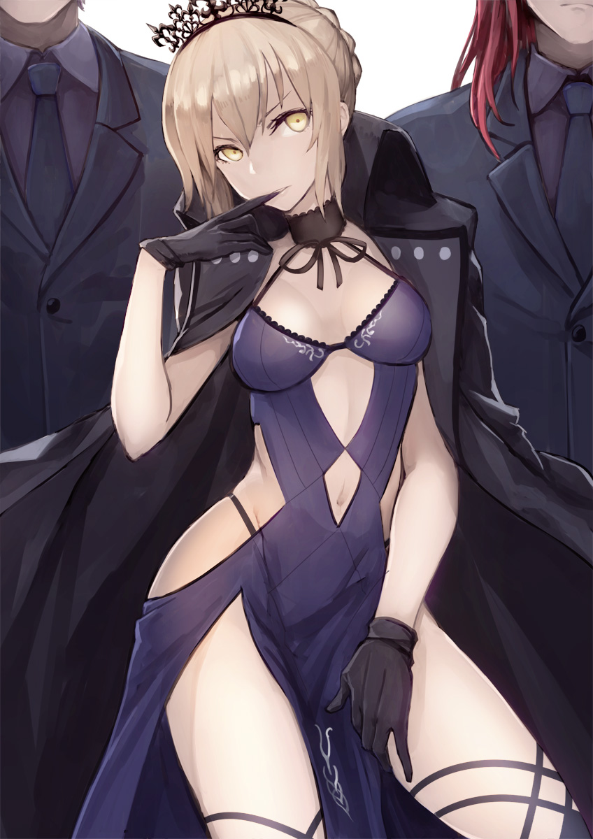 1girl 2boys artoria_pendragon_(swimsuit_rider_alter)_(fate) blonde_hair braid character_request choker dress fate/grand_order fate_(series) finger_in_mouth formal gloves groin highres jacket_on_shoulders looking_at_viewer multiple_boys navel navel_cutout necktie redhead suit thigh_strap tiara totteri tristan_(fate/grand_order) white_background yellow_eyes