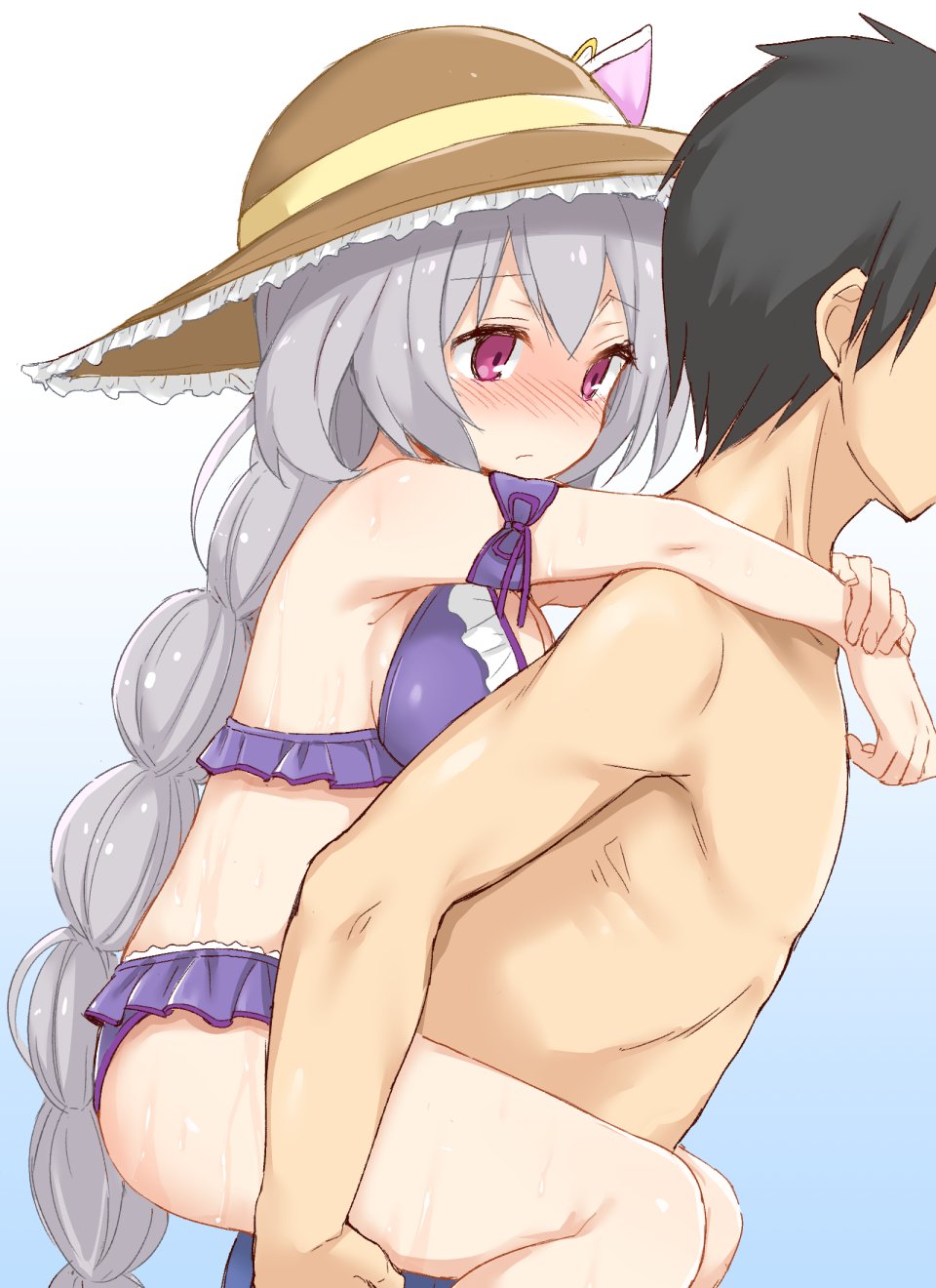 1boy 1girl armlet bikini black_hair blue_background blush breasts brown_hat couple flower_knight_girl gradient gradient_background grey_hair hat hetero highres hototogisu_(flower_knight_girl) long_hair medium_breasts morino_harifu multi-tied_hair piggyback purple_bikini red_eyes sun_hat swimsuit upper_body wet white_background