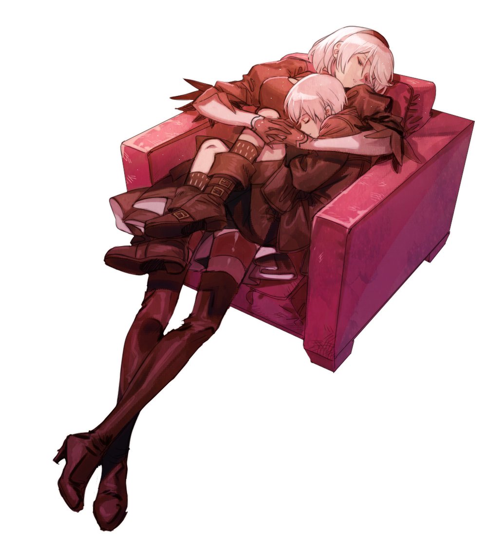 1boy 1girl black_dress black_gloves black_legwear boots choker couch dress full_body gloves hairband long_sleeves mole mole_under_mouth nier_(series) nier_automata ninto puffy_sleeves short_hair silver_hair thigh-highs white_hair yorha_no._2_type_b yorha_no._9_type_s