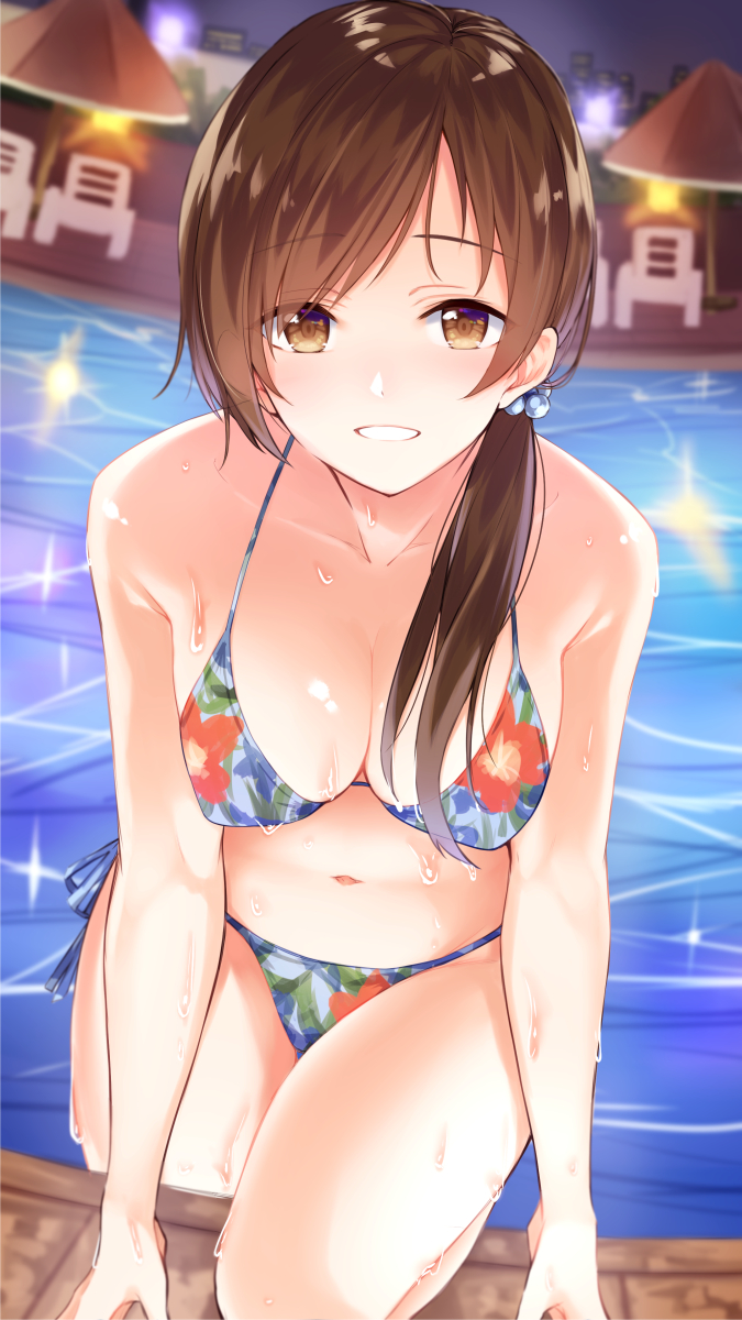 1girl anza_tomo bikini blurry breasts brown_eyes brown_hair cleavage depth_of_field eyebrows_visible_through_hair floral_print hair_over_shoulder highres idolmaster idolmaster_cinderella_girls idolmaster_cinderella_girls_starlight_stage long_hair medium_breasts navel nitta_minami ponytail pool solo swimsuit wet