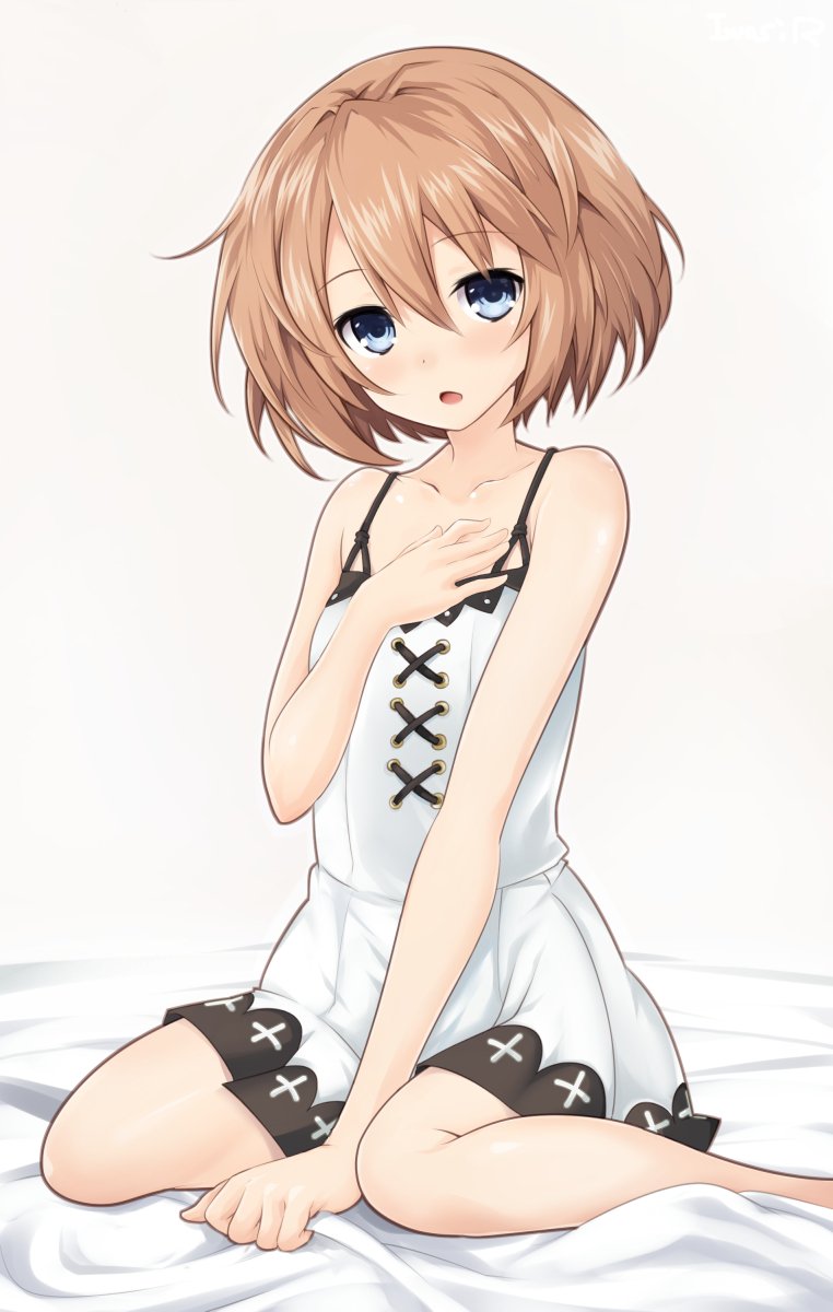 1girl bare_shoulders bed bed_sheet blanc blue_eyes blush brown_hair highres iwasi-r looking_at_viewer neptune_(series) on_bed open_mouth short_hair sitting solo wariza