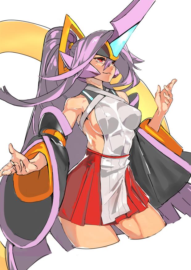 1girl bare_shoulders blazblue blazblue:_central_fiction breasts closed_mouth commentary_request cropped_legs detached_sleeves hades_izanami headgear horn impossible_clothes large_breasts long_hair long_sleeves looking_afar mikado_(blazblue) pleated_skirt ponytail purple_hair red_eyes red_skirt simple_background skirt smile solo tabard unizama very_long_hair white_background wide_sleeves