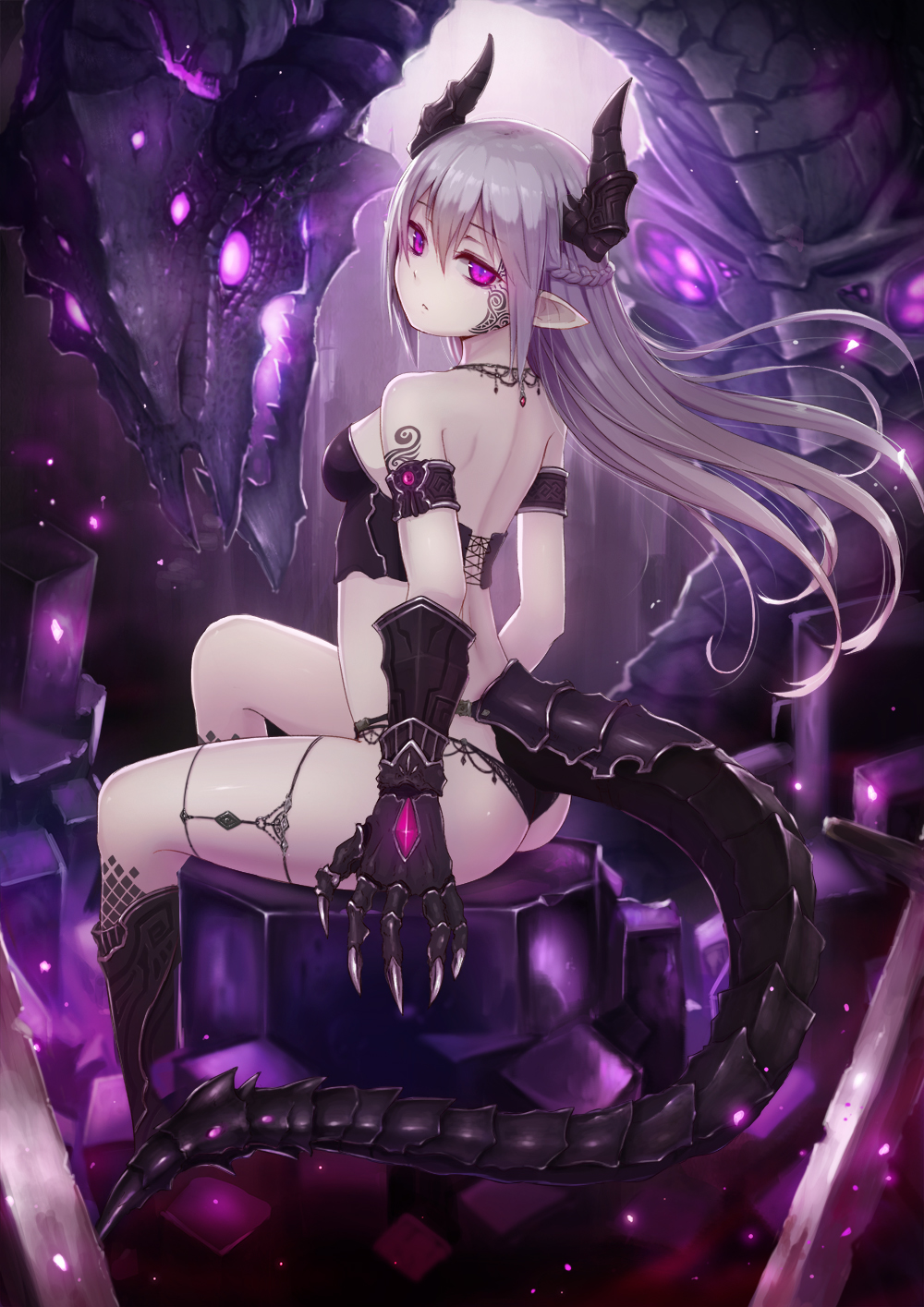 1girl armlet ass bangs bare_shoulders black_boots black_panties boots breasts claws closed_mouth dragon dragon_girl dragon_horns dragon_tail facial_tattoo floating_hair from_side gauntlets gem glowing glowing_eyes grey_hair highres horns kai_(ootamuno12) long_hair looking_at_viewer looking_back medium_breasts original pale_skin panties pink_eyes pointy_ears sitting slit_pupils solo tail tattoo tied_hair underwear