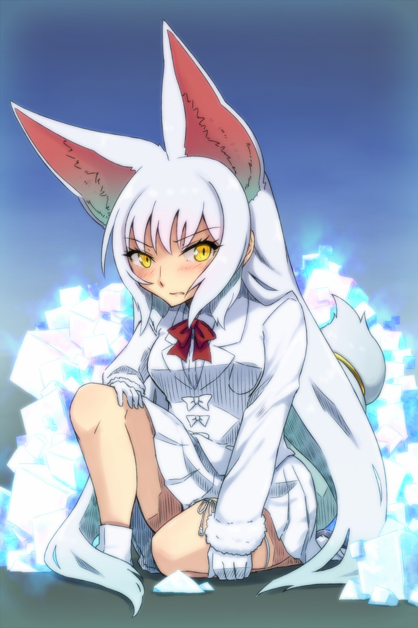 1girl animal_ears blush breasts extra_ears fox_ears fox_tail gloves highres kemono_friends long_hair looking_at_viewer oinari-sama_(kemono_friends) open_mouth sakuragi_rian simple_background solo tail white_background yellow_eyes