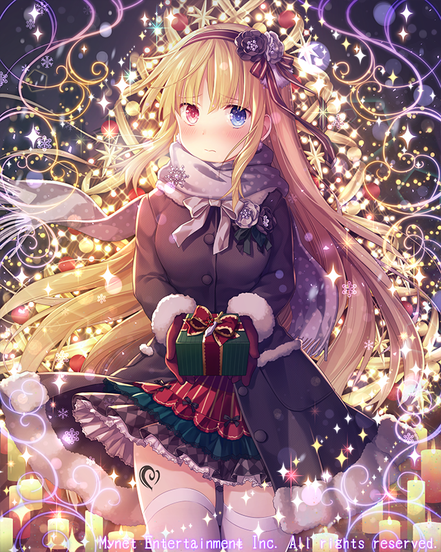 1girl absurdly_long_hair blonde_hair blue_eyes blush bow breasts christmas_lights closed_mouth company_name eyebrows_visible_through_hair falkyrie_no_monshou gift hairband heterochromia holding holding_gift large_breasts long_hair long_sleeves looking_at_viewer mittens natsumekinoko official_art red_eyes red_mittens ribbon solo thigh-highs very_long_hair white_bow white_legwear white_ribbon