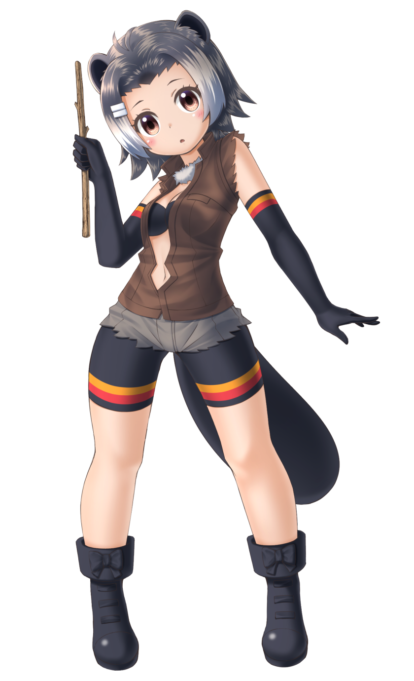1girl american_beaver_(kemono_friends) beaver_ears beaver_tail black_gloves blush breasts brown_eyes cleavage elbow_gloves full_body gloves grey_hair highres kakutasu_(akihiron_cactus) kemono_friends large_breasts looking_at_viewer multicolored_hair navel parted_lips solo stick transparent_background white_hair