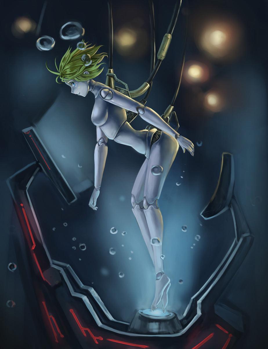 1girl android blonde_hair breasts cyborg doll_joints graphite_(medium) highres joints lemonh looking_at_viewer mechanical_arm medium_breasts robot short_hair submerged traditional_media