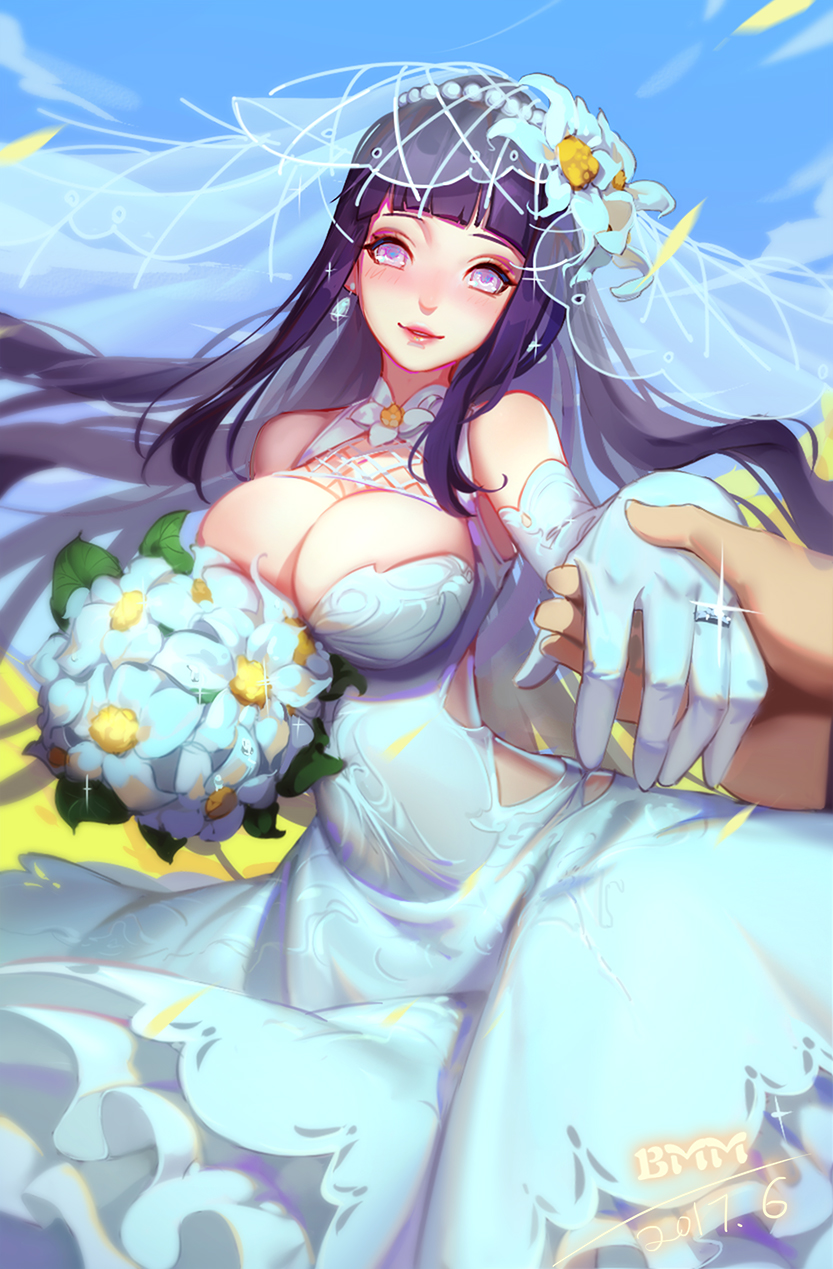 1girl bangs bare_shoulders black_hair blue_dress blunt_bangs bouquet breasts bridal_veil bride cleavage dated day dress elbow_gloves flower gloves hair_flower hair_ornament hand_holding highres hyuuga_hinata large_breasts lips long_hair looking_at_viewer naruto out_of_frame outdoors parted_lips pearl petals pov sky smile solo_focus symbol-shaped_pupils veil very_long_hair wedding_dress white_eyes yuiko_(yuiko33miao)